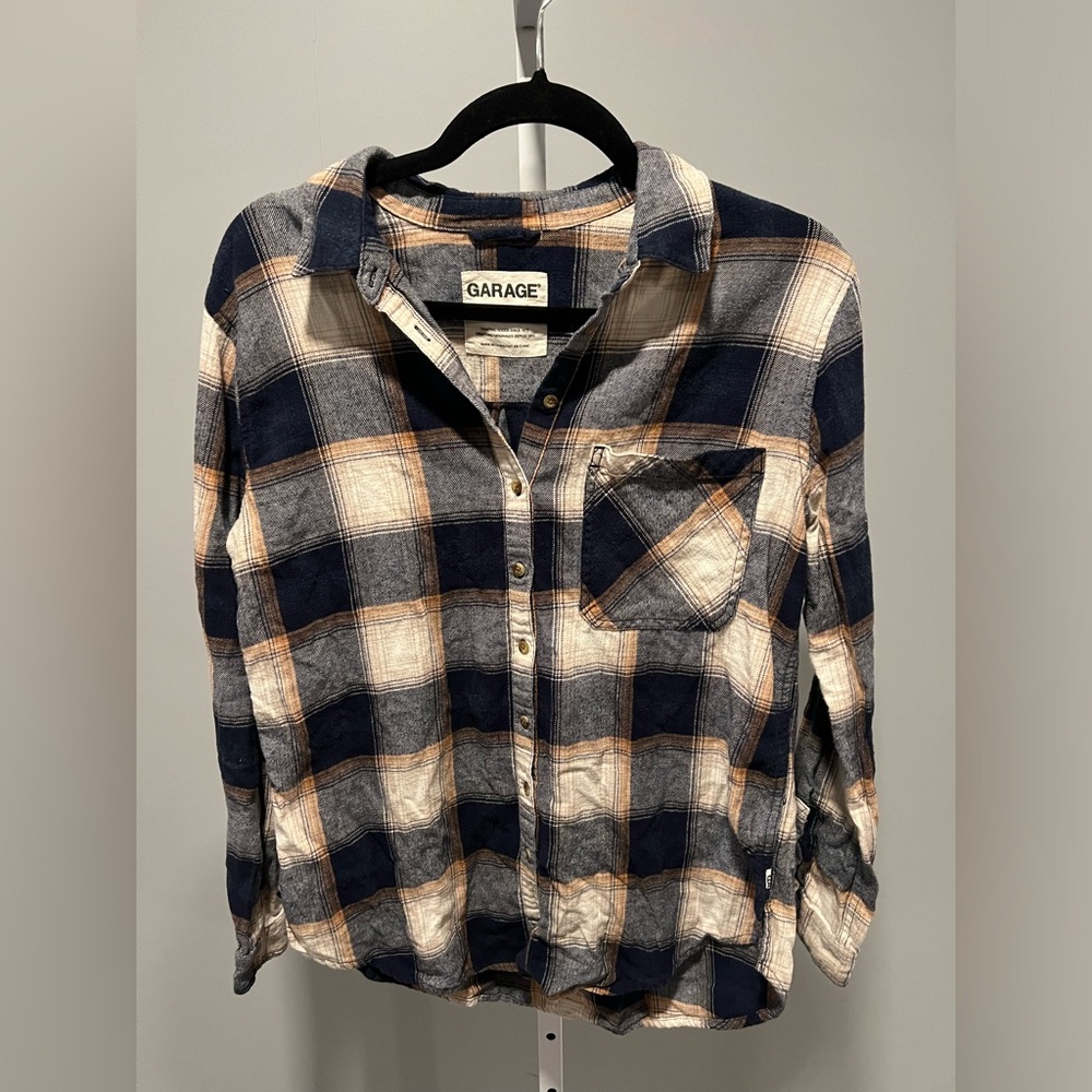 Garage Blue Brown Button Down Cotton Flannel Boyfriend Fit Size Medium